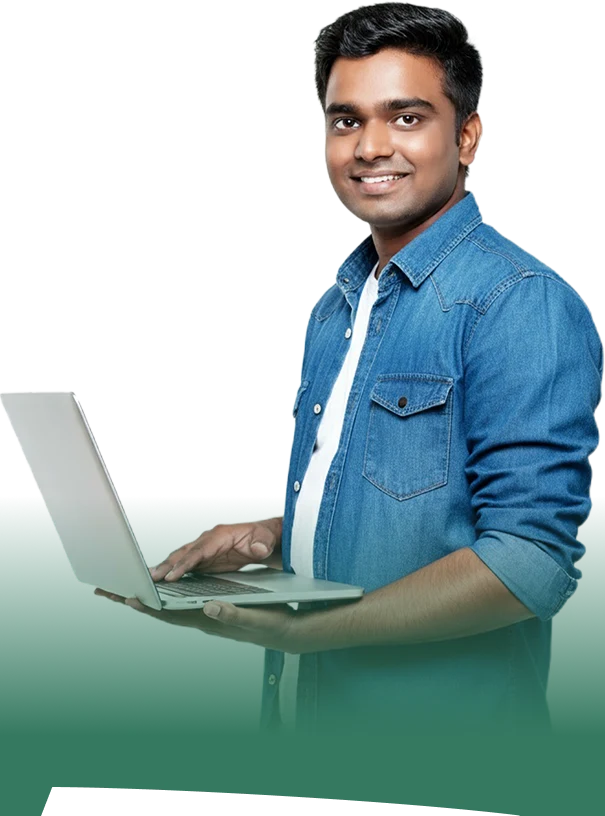 A Developer in blue shirt with laptop