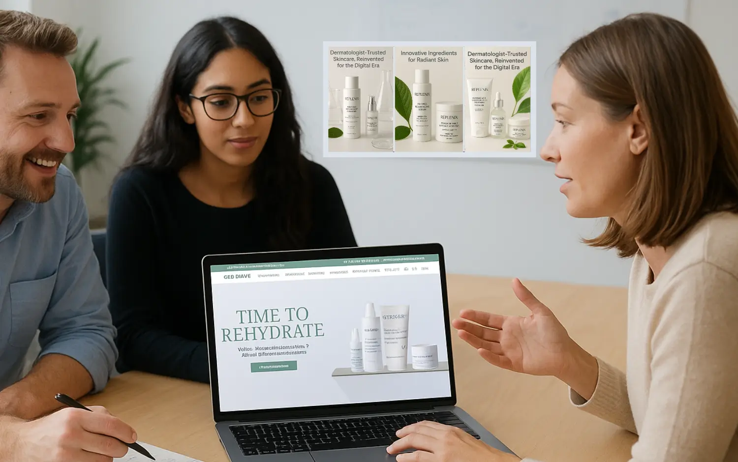 Team discussing Replenix skincare marketing strategy with product visuals on a laptop screen