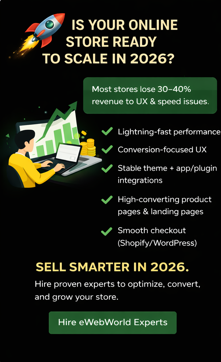 eCommerce store optimization banner for 2026 highlighting UX, performance, and conversion improvements by eWebWorld - ewebworld 